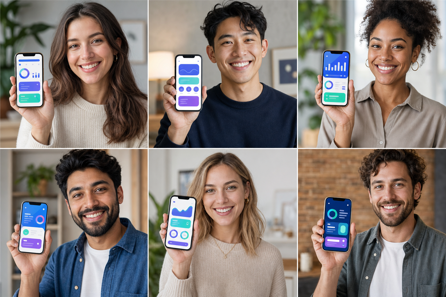 Seis personas mostrando una aplicación de inteligencia artificial en sus teléfonos